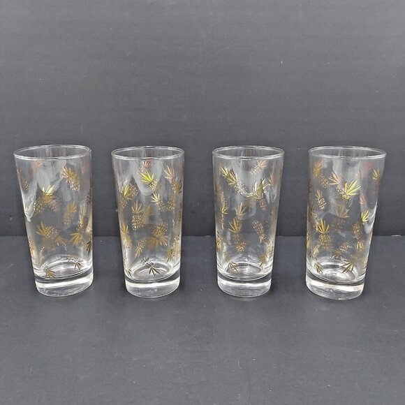 Gold Pineapple Highball Glasses Set of 4  William A. Meier Co. Good Luck Pattern - Picture 1 of 8